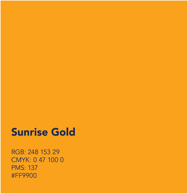 Sunrise Gold RGB: 248 153 29 CMYK: 0 47 100 0 PMS: 137 #FF9900 